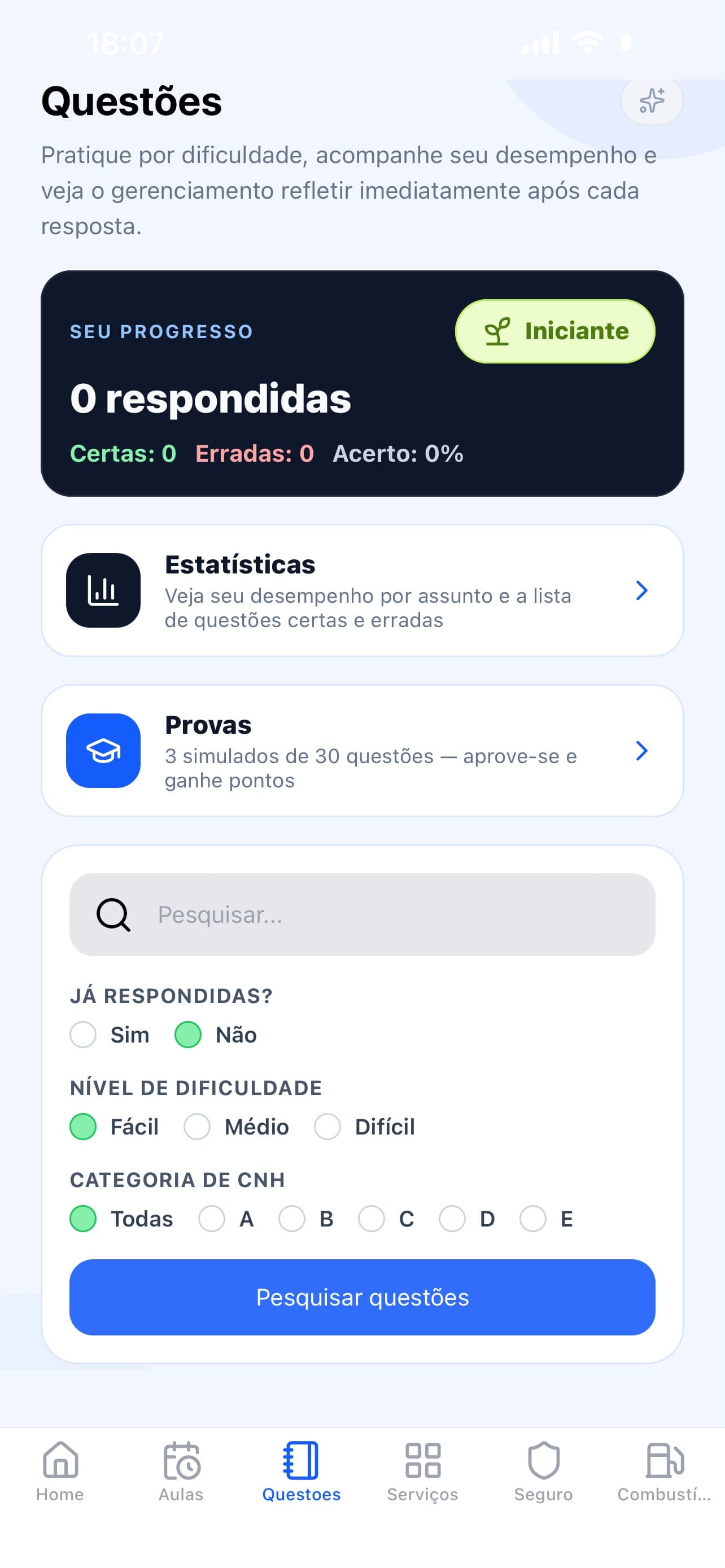 Tela de Questões do aplicativo iTrevo, com progresso e simulados